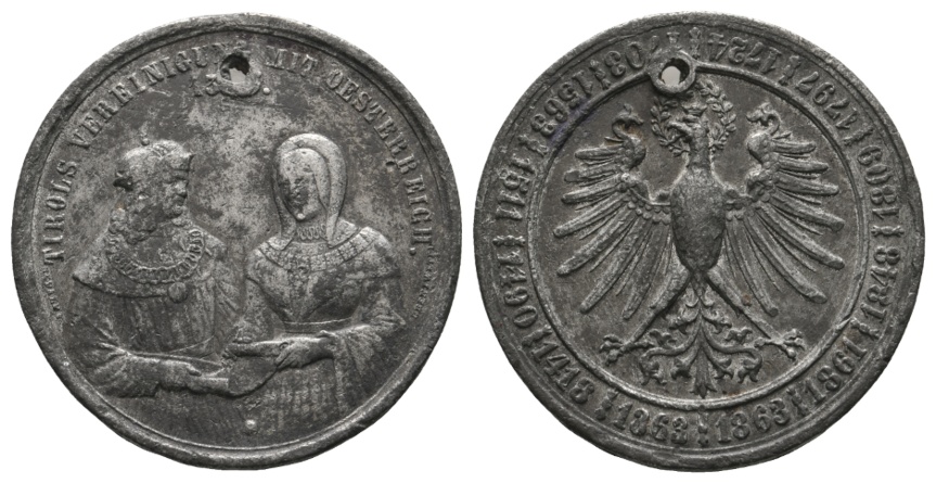  Medaille; Tirols Vereinigung mit Österreich; unedel; gelocht; 18,97 g; Ø 37,54 mm   