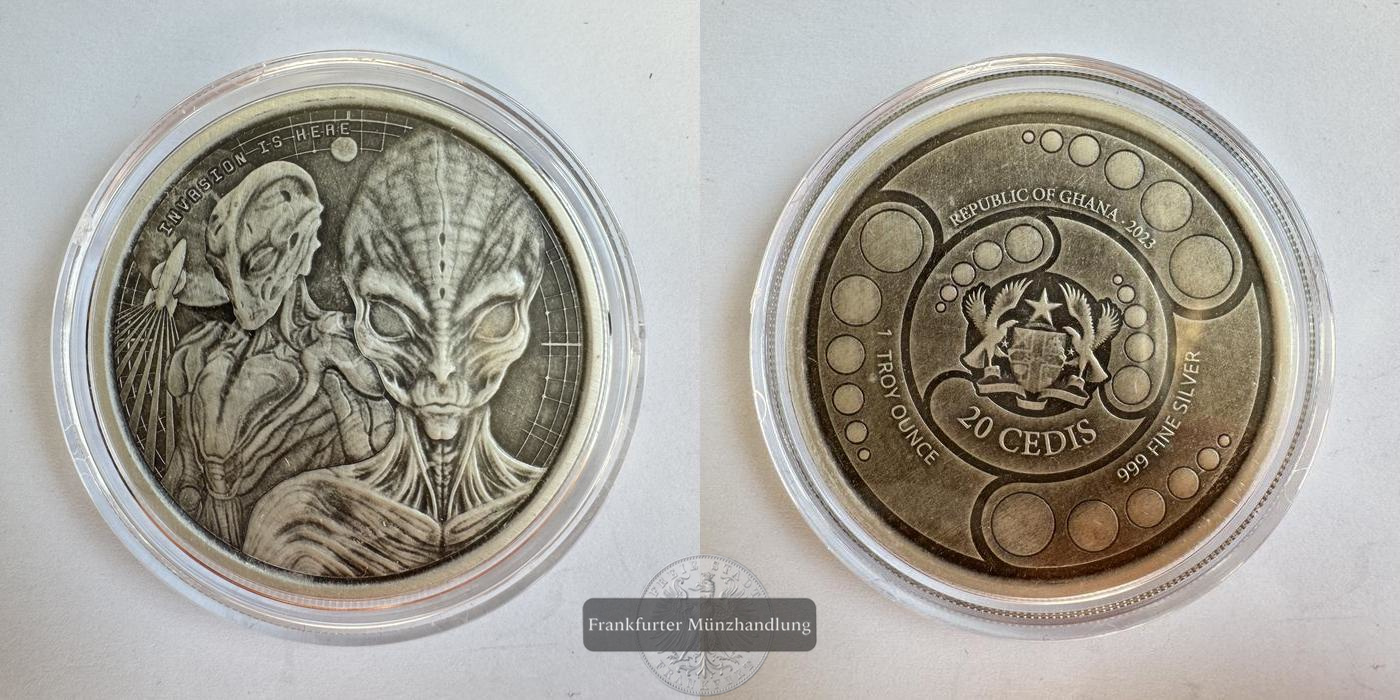  Ghana /  20 Cedis (Aliens) 2023 Antique Finish FM-Frankfurt Feinsilber: 31,1g   