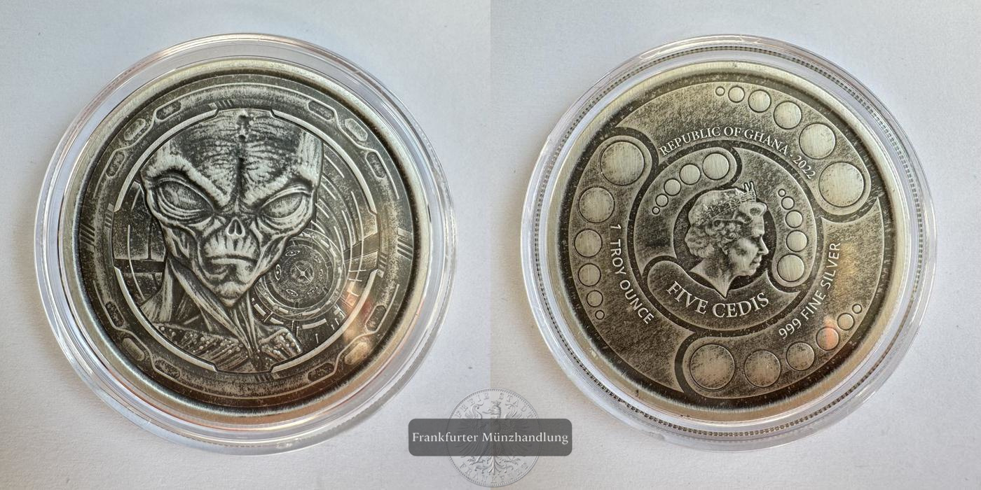  Ghana /  5 Cedis (Alien) 2022 Antique Finish FM-Frankfurt Feinsilber: 31,1g   