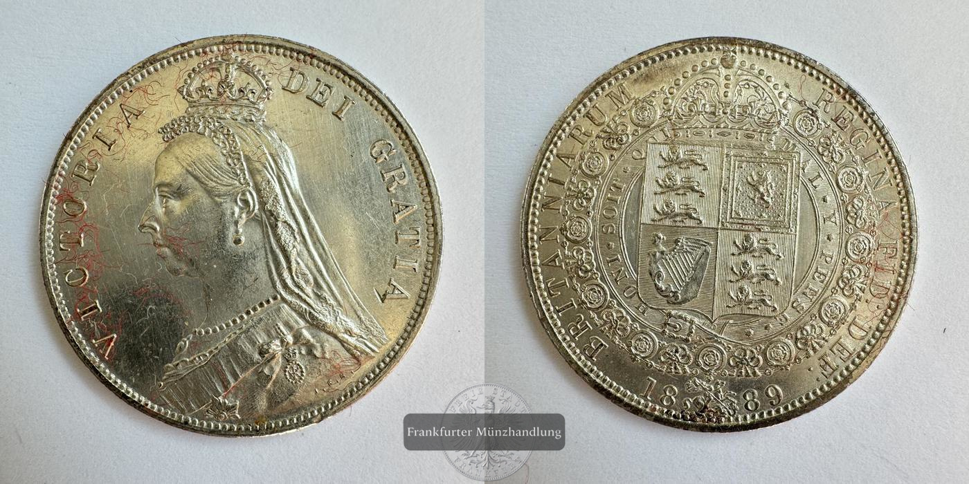  UK / 1/2 Crown Victoria 1889 FM-Frankfurt KM#764 Feinsilber: 13,08g   