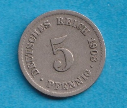  Kaiserreich 5 Pfennig 1908 F   