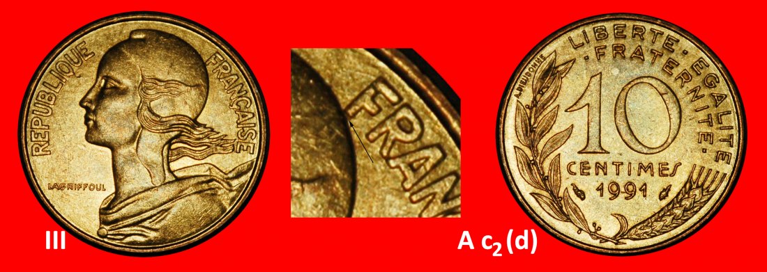  Ⰺ DOLPHIN (1962-2001):FRANCE★10 CENTIMES 1991 2 DISCOVERY COINS! MINT LUSTRE★LOW START ★ NO RESERVE!   