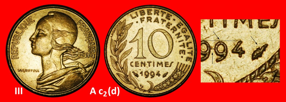  ⰊHEAD LEFT (1962-2001):FRANCE★10 CENTIMES 1994 2 DISCOVERY COINS★MINT LUSTRE★LOW START ★ NO RESERVE!   