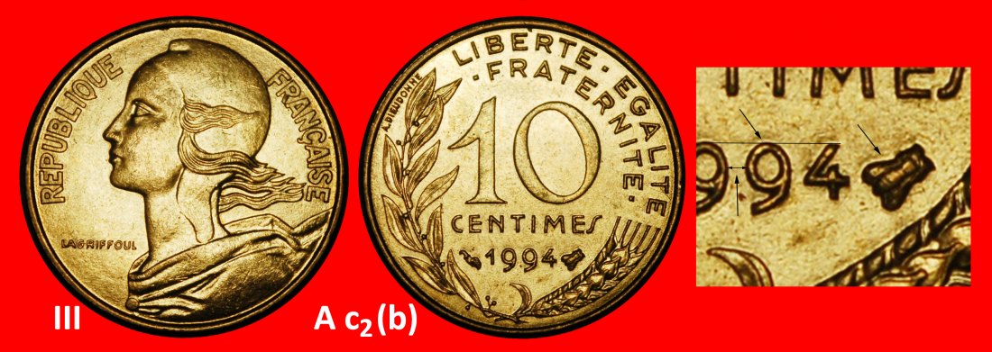  ⰊHEAD LEFT (1962-2001):FRANCE★10 CENTIMES 1994 2 DISCOVERY COINS★MINT LUSTRE★LOW START ★ NO RESERVE!   