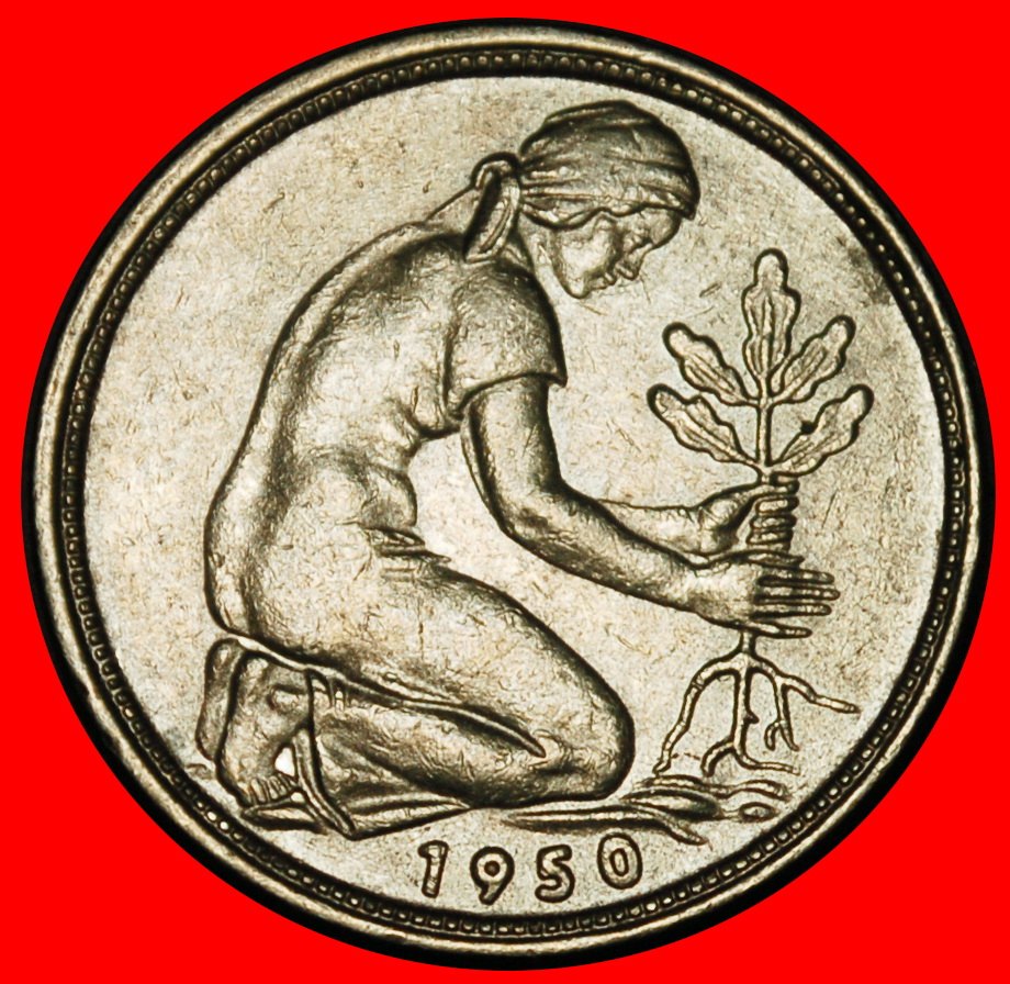  Ⰺ NOT COMMUNIST TYPE (1949-2001): GERMANY★ 50 PFENNIGS 1950J HAMBURG! I1 B r★LOW START ★ NO RESERVE!   