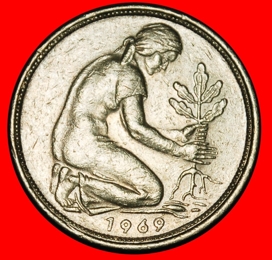  Ⰺ NOT COMMUNIST TYPE (1949-2001): GERMANY★ 50 PFENNIGS 1969J HAMBURG! I1 B r★LOW START ★ NO RESERVE!   