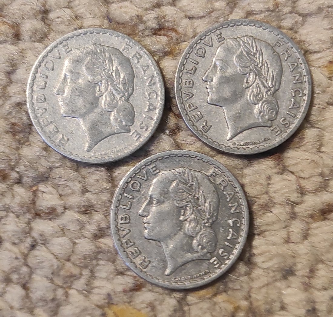  d015: Frankreich kleines Lot mit 3 älteren verschiedenen 5 Franc Stücken   