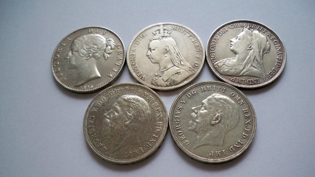  5 Silbermünzen England 1 Crown , Sammlungsauflösung +++   