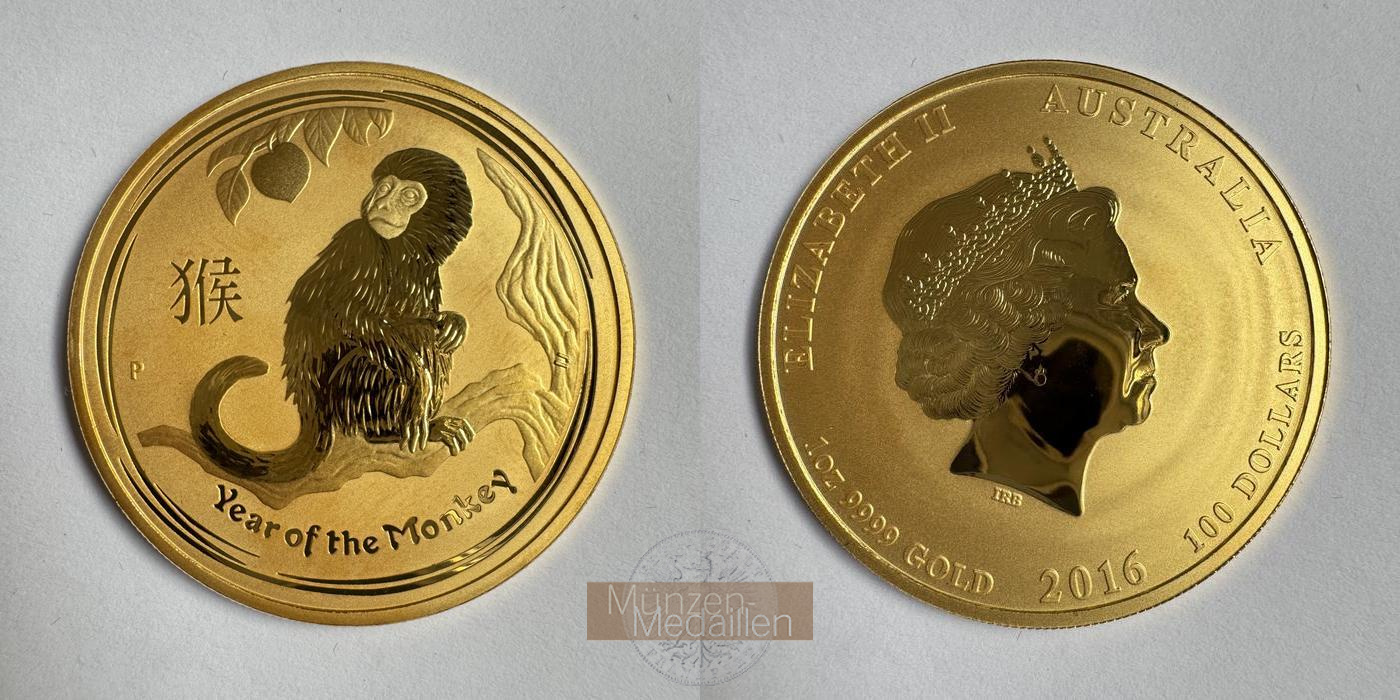  Australien 100 Dollars Year of the Monkey 2016 MM-Frankfurt KM#3318 Feingold: 31,1g   