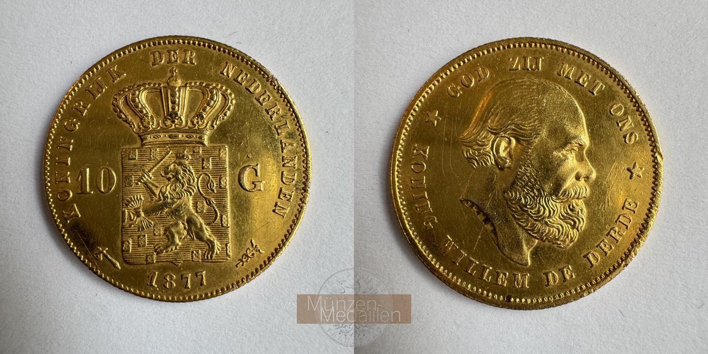 Niederlande MM-Frankfurt Feingold: 6,05g 10 Gulden Willem III/ Wilhelm III 1877 
