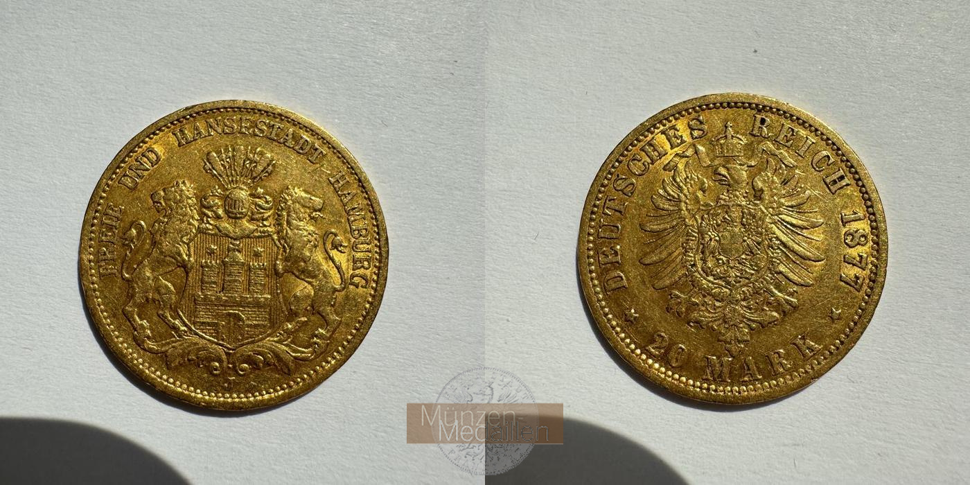 Dt. Kaiserreich Hamburg MM-Frankfurt KM#602 Feingold: 7,17g 20 Mark 1877 J 