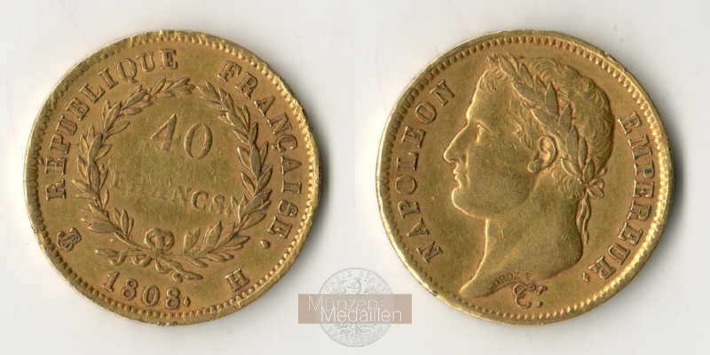 Frankreich, Napoleon I. 1803-1815 KM#688 Feingewicht: 11,62g 40 Francs 1808 H 