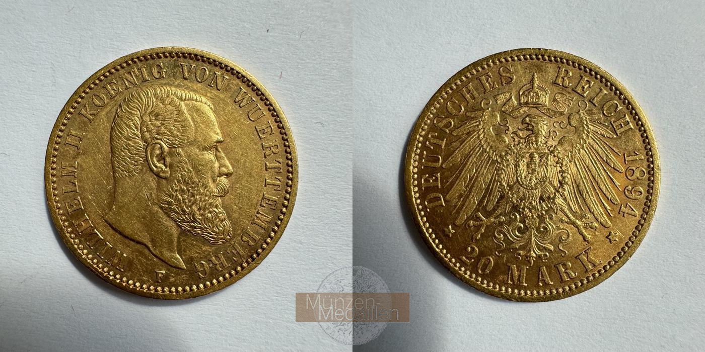 Dt. Kaiserreich Württemberg, MM-Frankfurt KM#634 Feingold: 7,17g 20 Mark William II/ Wilhelm II 1894 F 