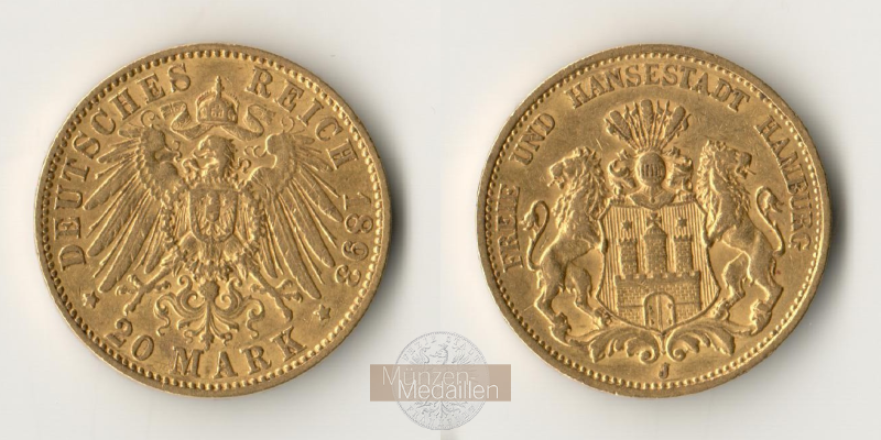 Deutsches Kaiserreich. Hamburg MM-Frankfurt Feingold: 7,17g 20 Mark 1893 J 