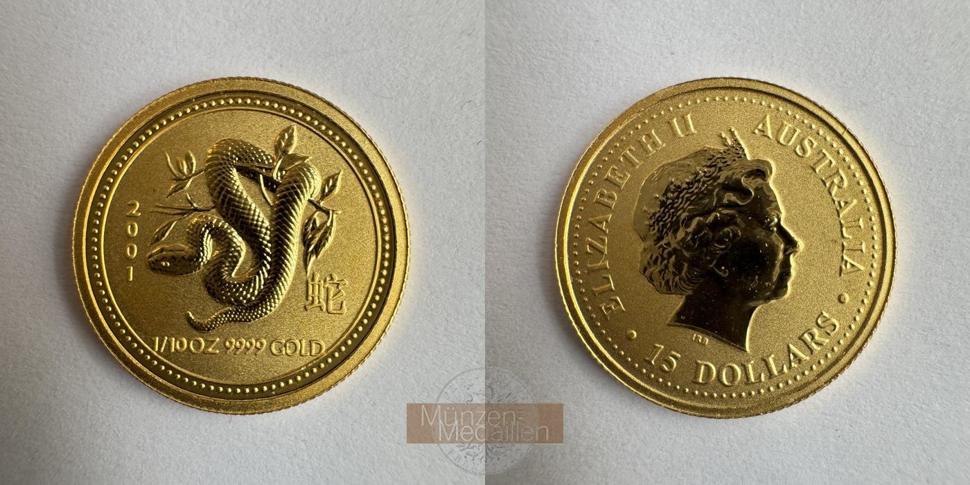 Australien MM-Frankfurt KM#540 Feingold: 3,135g 15 Dollars 2001 Year of the Snake  