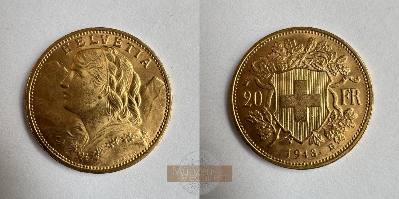 Schweiz MM-Frankfurt KM#35.1 Feingold: 5,8g 20 Francs Vreneli (22 stars on edge) 1913 