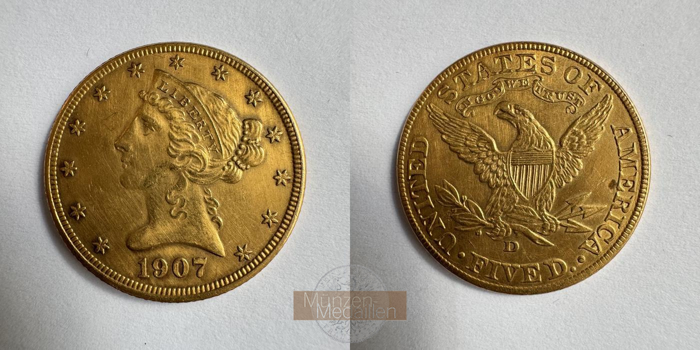 USA MM-Frankfurt KM#101 Feingold: 7,52g 5 Dollars (Coronet Head - With motto) 1907 D 