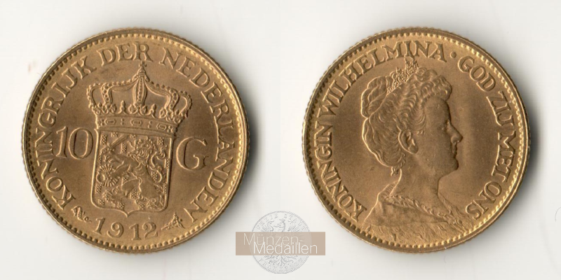 Niederlande, Wilhelmina I MM-Frankfurt KM#149 Feingold: 6,05g 10 Gulden (1911-1917) 1912 