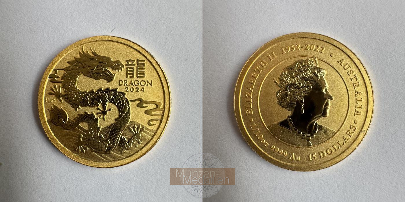 Australien MM-Frankfurt KM#4642 Feingold: 3,11g 15 Dollars 2024 Year of the Dragon  