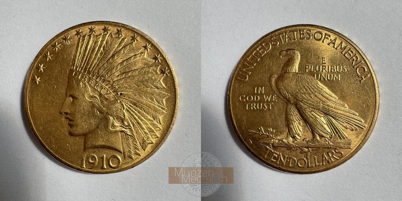 USA  10 Dollars MM-Frankfurt KM#130 Feingold: 15,04g Indian Head (with motto) 1910 D 