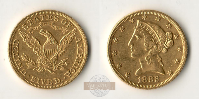 USA  5 Dollar MM-Frankfurt   Feingold: 7,52g Half Eagle - Liberty Head 1882 