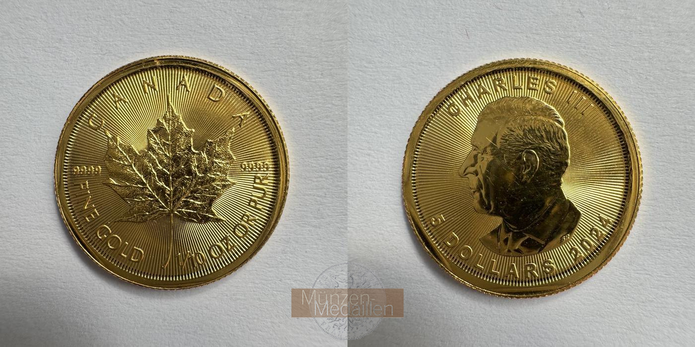 Kanada, Charles III. MM-Frankfurt KM#3583 Feingold: 3,11g 5 Dollars 2024 Maple Leaf  