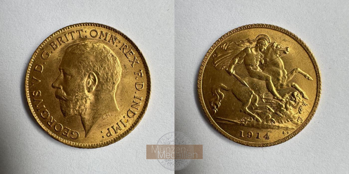 Grossbritannien, Georg V. MM-Frankfurt KM#819 Feingold: 3,66g 1/2 Sovereign 1914  