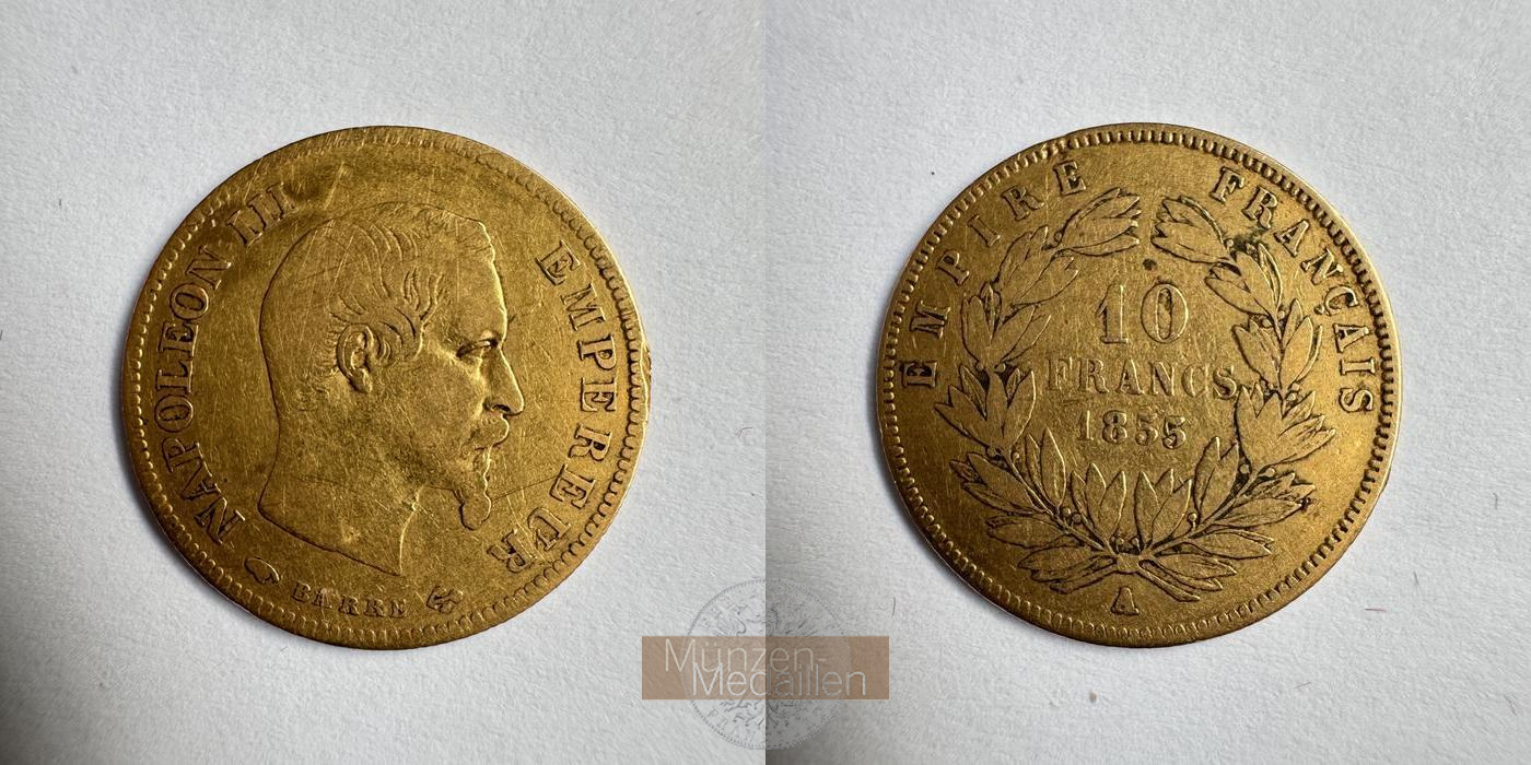 Frankreich MM-Frankfurt KM#784.1 Feingold: 2,9g 10 Francs Napoleon III 1855 A 