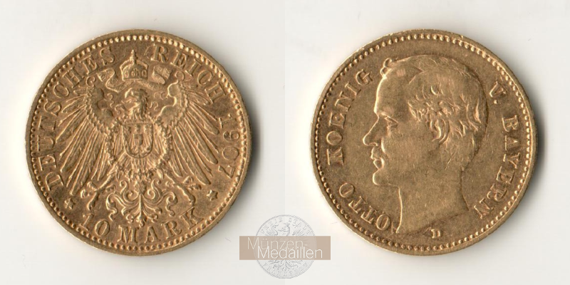 Bayern, Königreich  10 Mark MM-Frankfurt  Feingewicht: 3,59g Otto König von Bayern 10 Mark 1907 D 
