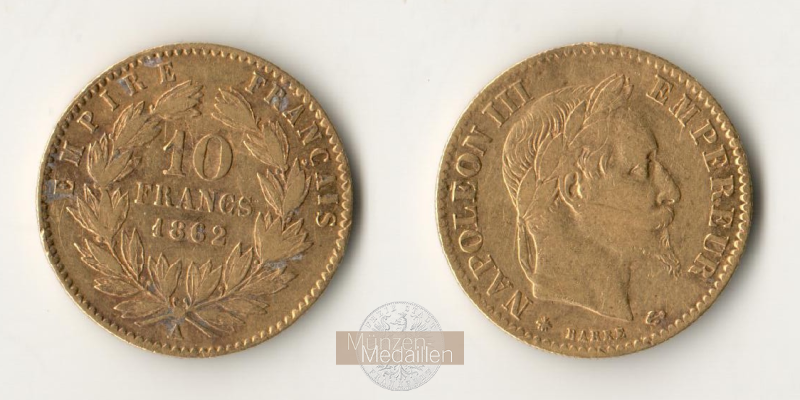 Frankreich MM-Frankfurt Feingewicht: 2,90g Gold 10 Francs 1862 A 