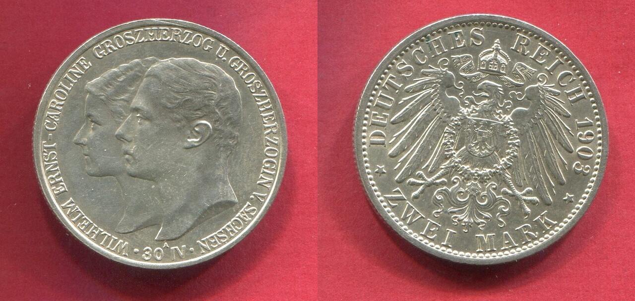  2 MARK Sachsen Weimar Eisenach 1903 Jaeger 161 VZ/Stempelglanz selten rar   