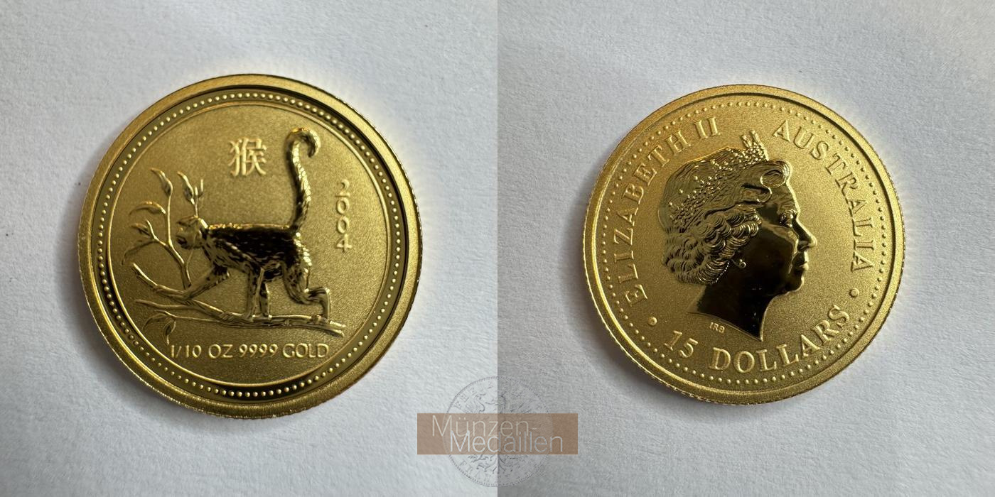  Australien 15 Dollars Year of the Monkey 2004 MM-Frankfurt KM#669 Feingold: 3,135g   