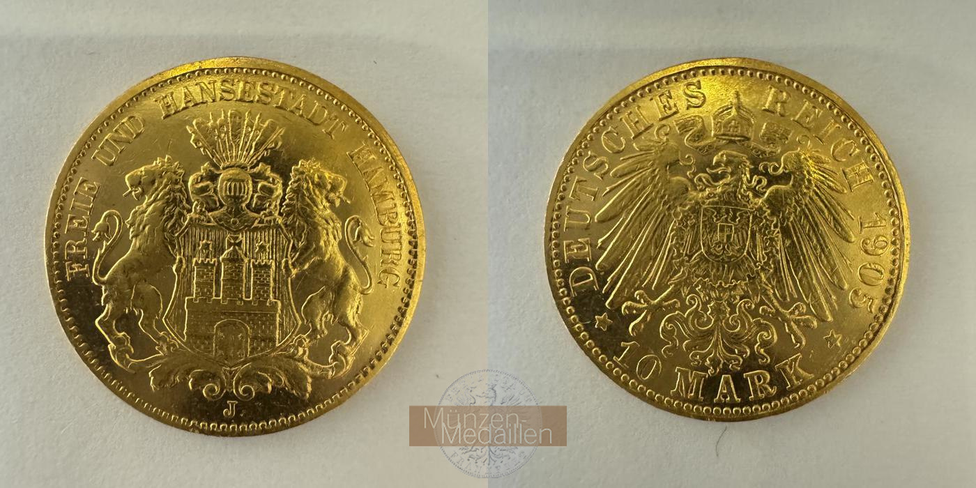 Deutsches Kaiserreich, Hamburg MM-Frankfurt  Feingold: 3,58g 10 Mark 1905 J 