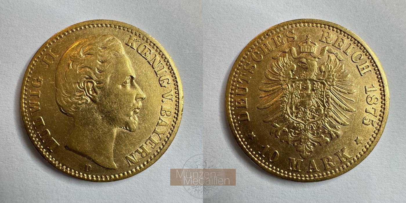 Bayern, Kaiserreich  10 Mark MM-Frankfurt KM#898 Feingold: 3,58g Ludwig II 1875 D 