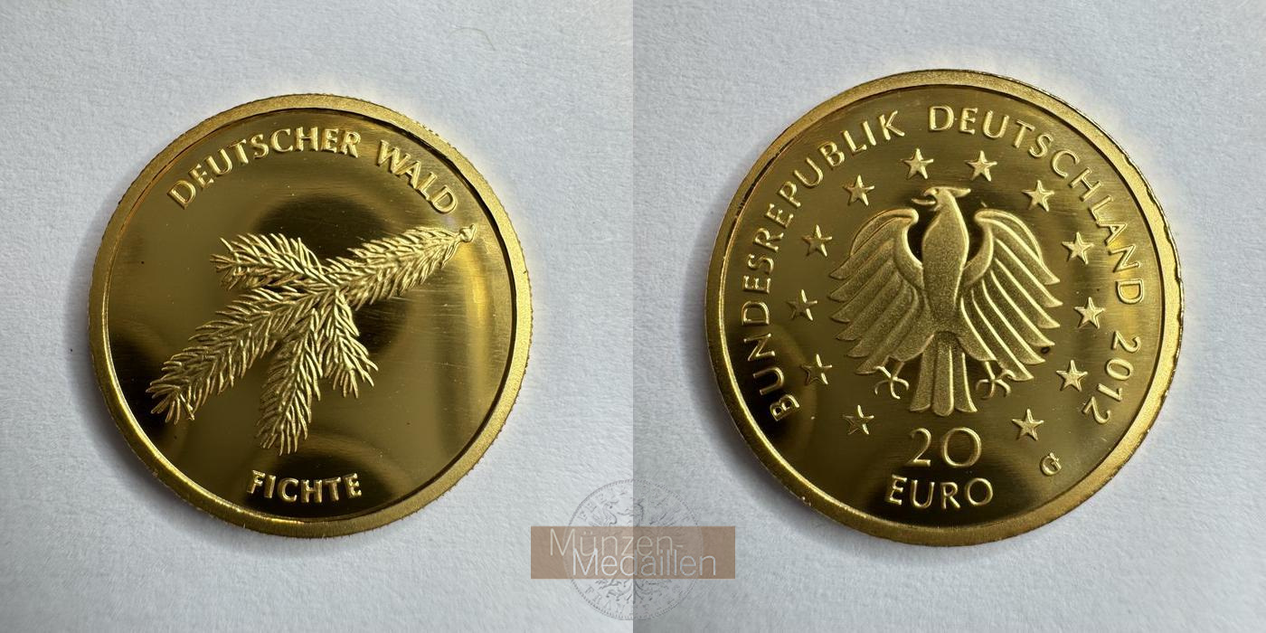  Deutschland Deutscher Wald 20-Euro Goldmünze Fichte 2012 MM-Frankfurt Feingold: 3,89g   