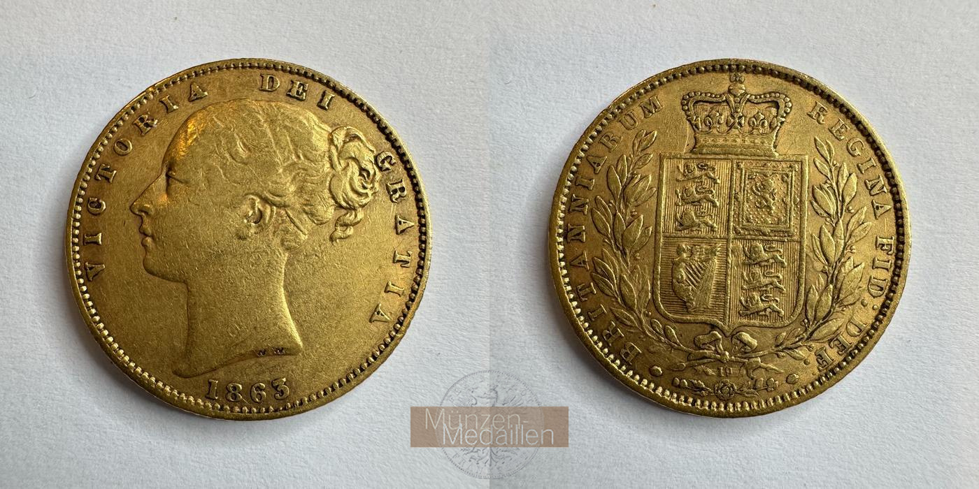  UK 1 Sovereign Victoria (Shield) 1863 (1838-1874) MM-Frankfurt KM#736 Feingold: 7,33g   