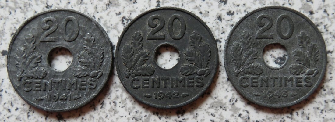  Frankreich 20 Centimes 1941, 1942 und 1943   