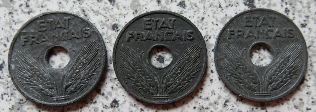  Frankreich 20 Centimes 1941, 1942 und 1943   