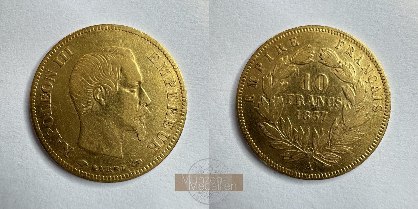  Frankreich 10 Francs Napoléon III 1857 (1855-1860) 'A' MM-Frankfurt KM#784.3 Feingold: 2,934g   