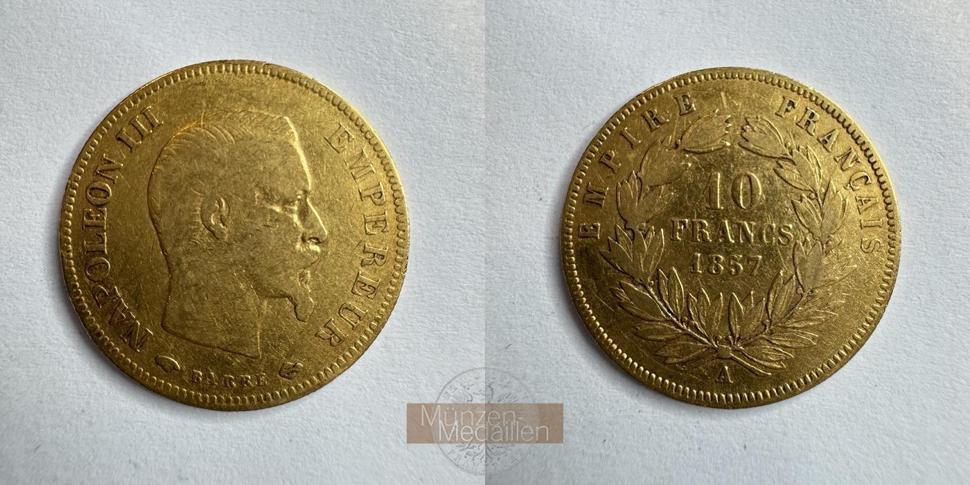  Frankreich 10 Francs Napoléon III 1857 (1855-1860) 'A' MM-Frankfurt KM#784.3 Feingold: 2,934g   
