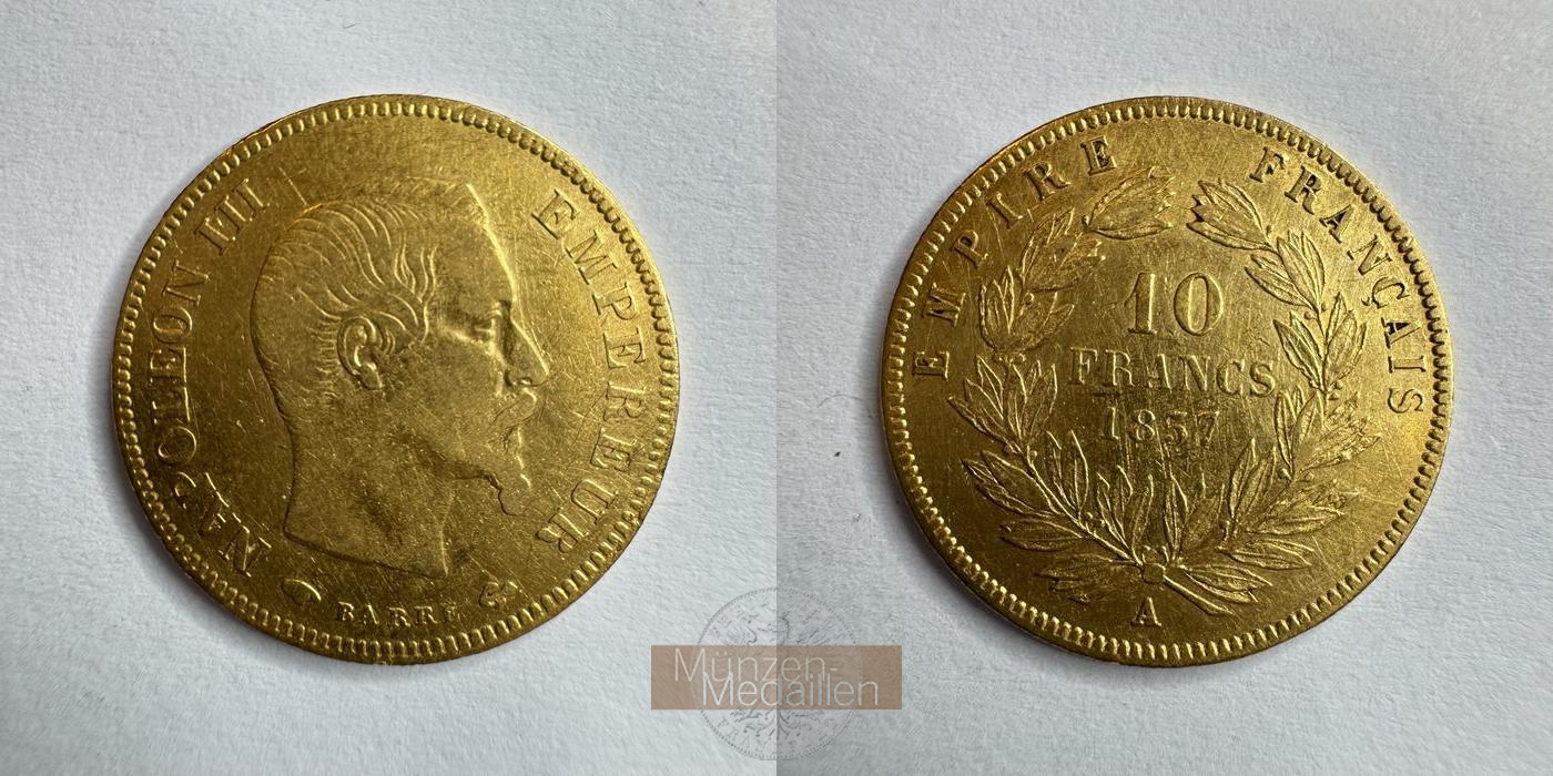  Frankreich 10 Francs Napoléon III 1857 (1855-1860) 'A' MM-Frankfurt KM#784.3 Feingold: 2,934g   