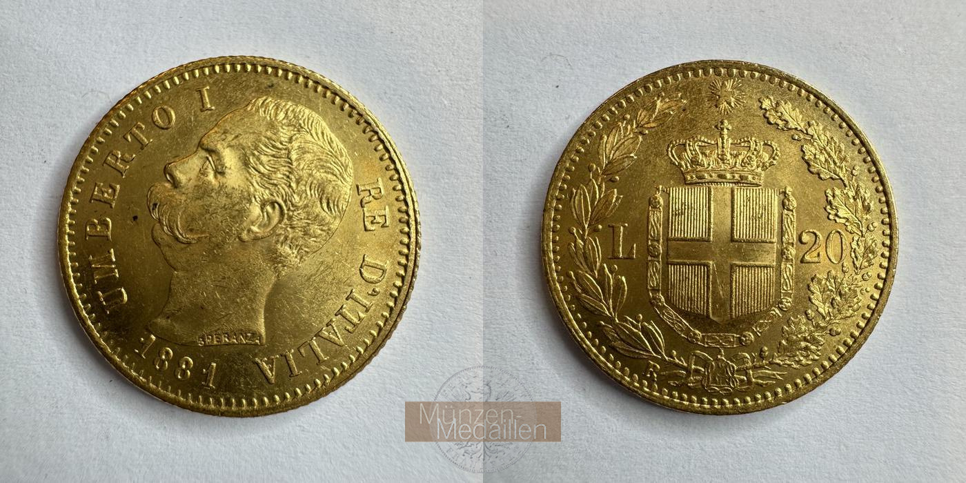 Italien, Umberto I MM-Frankfurt KM#21 Feingold: 5,81g 20 Lire (1879-1897) 1881 R 
