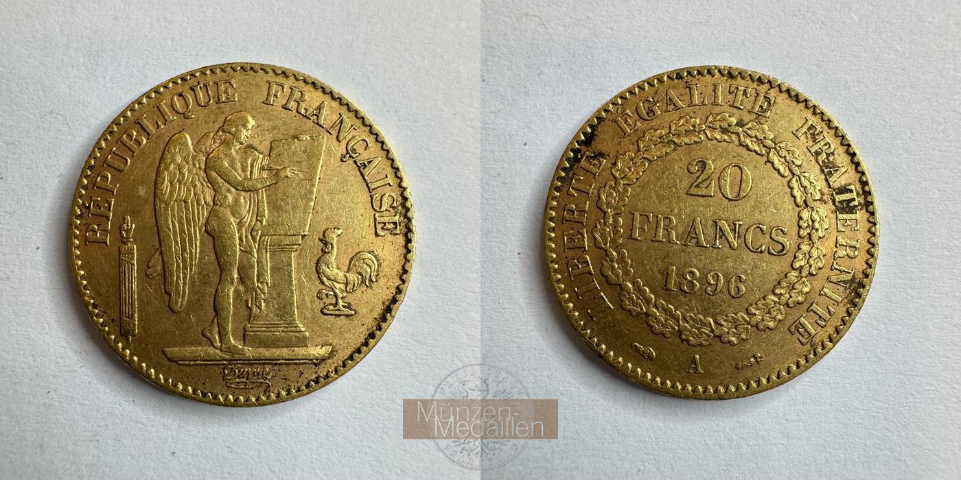  Republik Frankreich, 20 Francs 1896 A (1871-1898) MM-Frankfurt KM#825 Feingold: 5,81g   