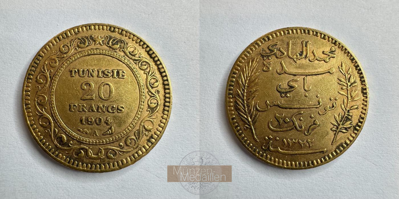 Tunesien (Französisches Protektorat) MM-Frankfurt Feingold: 5,81g 20 Francs Muhammad IV 1904 A 