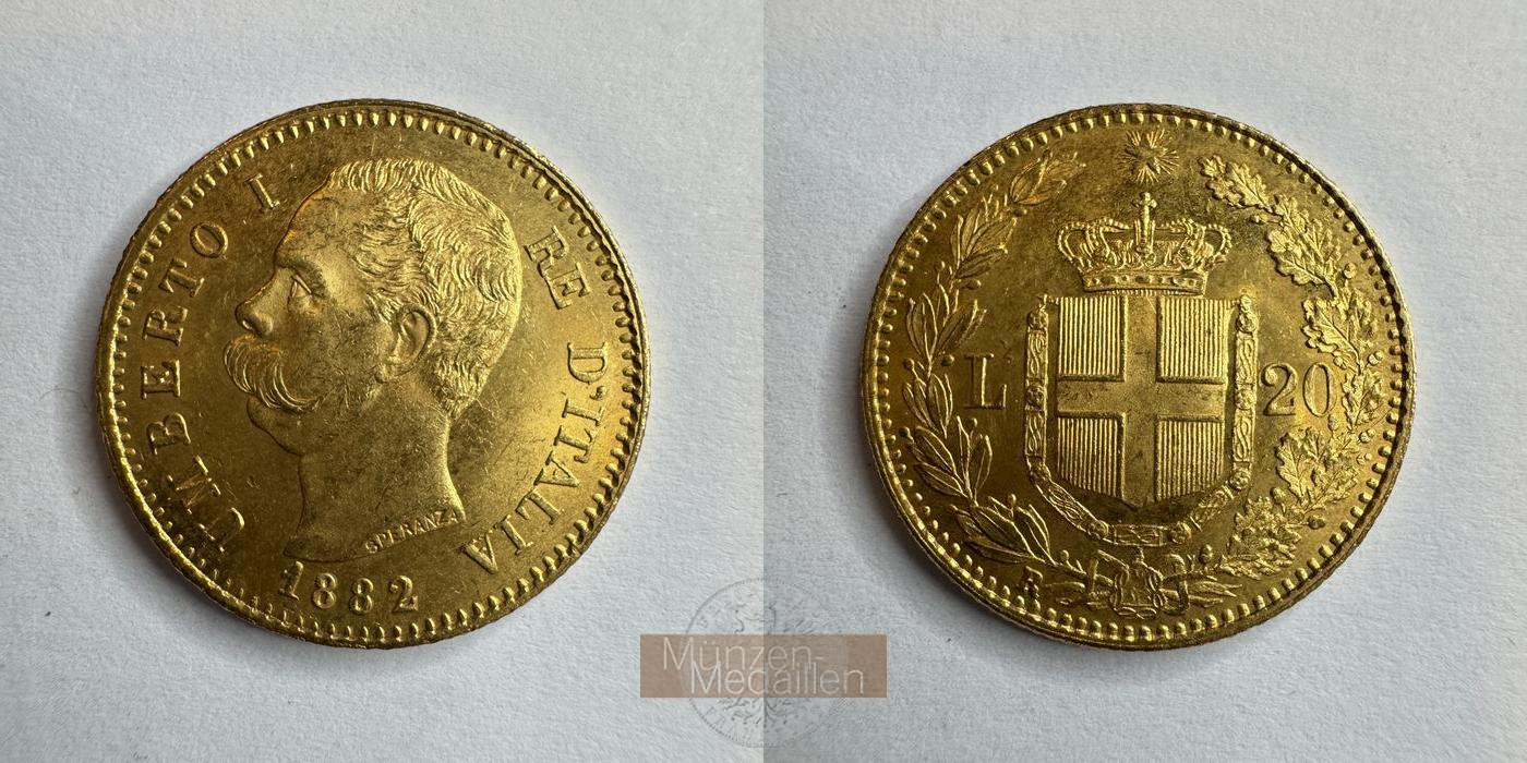 Italien, Umberto I MM-Frankfurt KM#21 Feingold: 5,81g 20 Lire (1879-1897) 1882 R 