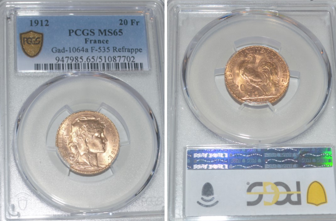  Kirofa - FRANKREICH 20 GOLD FRANCS - MARIANNE 1912 - Certified & Graded: PCGS MS 65   