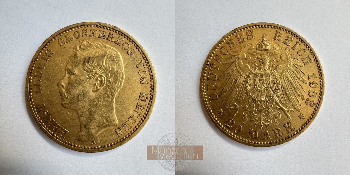 Deutsches Kaiserreich. Hessen, MM-Frankfurt KM#371 Feingold: 7,17g Ernst Ludwig. 20 Mark 1903 A 