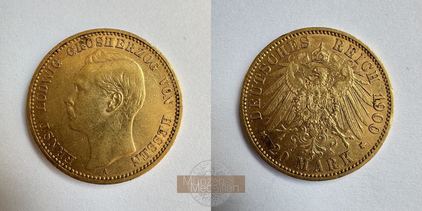 Deutsches Kaiserreich. Hessen, MM-Frankfurt KM#371 Feingold: 7,17g Ernst Ludwig. 20 Mark 1900 A 