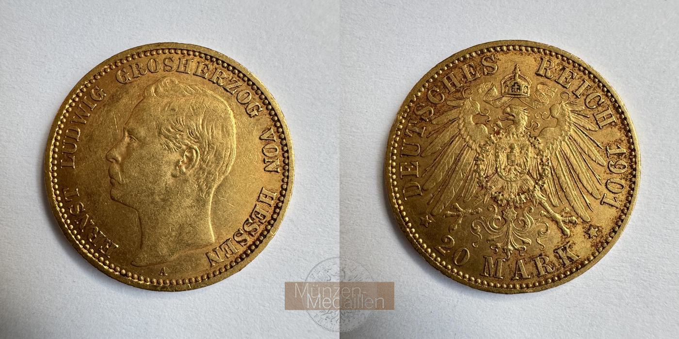 Deutsches Kaiserreich. Hessen, MM-Frankfurt KM#371 Feingold: 7,17g Ernst Ludwig. 20 Mark 1901 A 