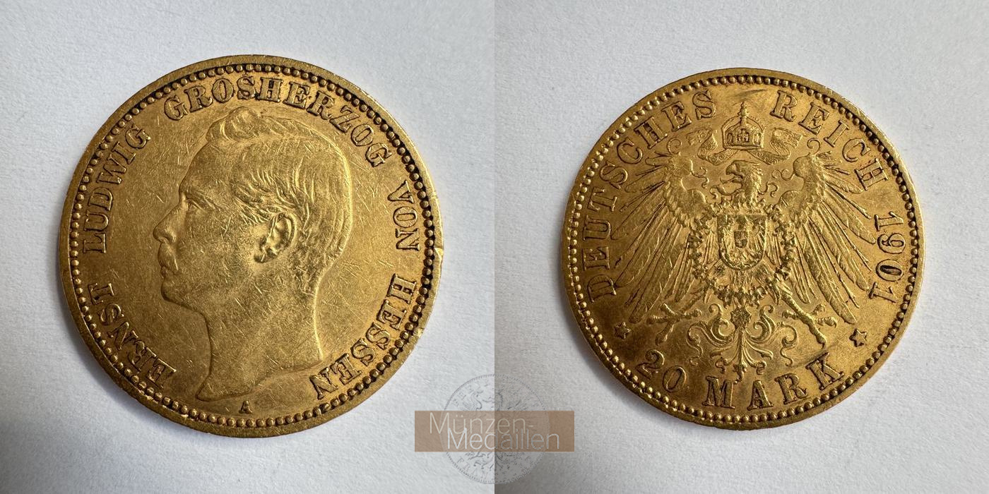 Deutsches Kaiserreich. Hessen, MM-Frankfurt KM#371 Feingold: 7,17g Ernst Ludwig. 20 Mark 1901 A 